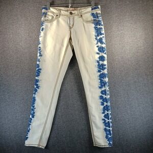 Bongo Jeans Womens 7 White Tie-Dyed Blue‎ Stretch Straight Leg Logo Patch